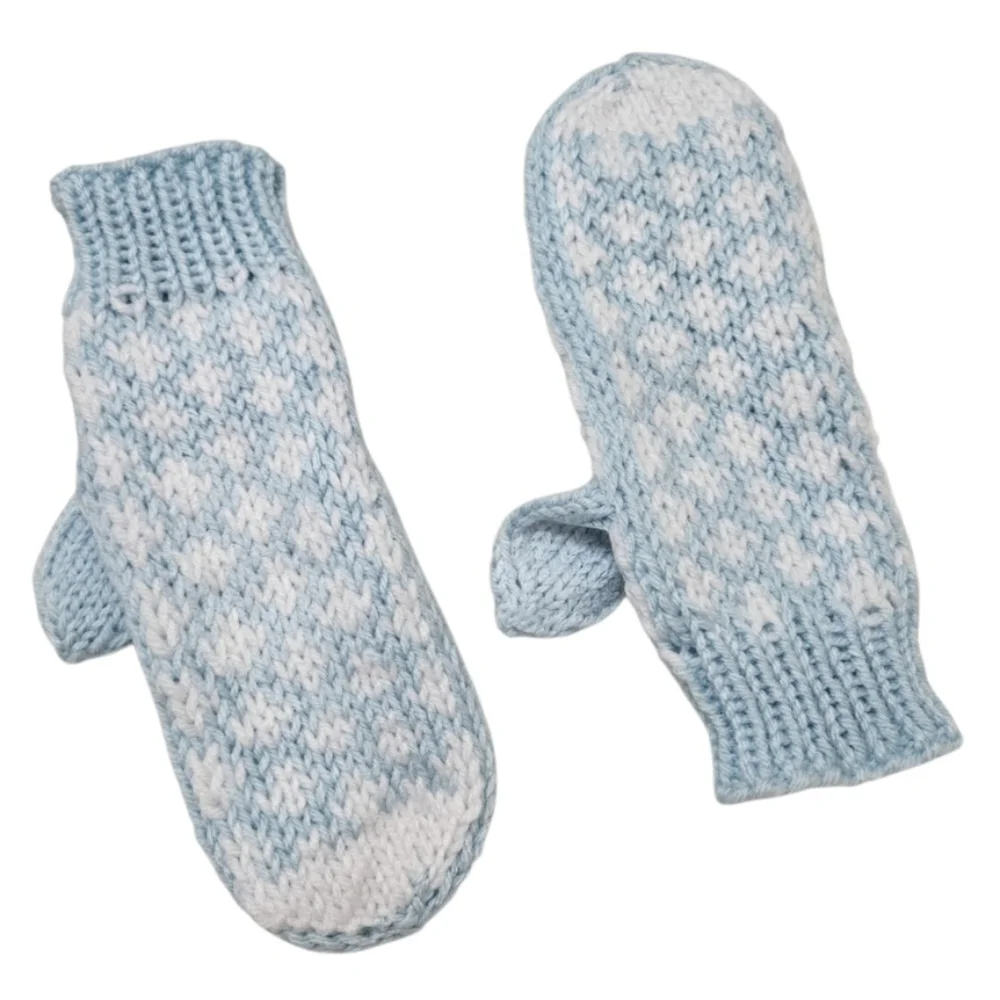 Hand Crafted Crochet Mittens Heart Design Ribbed Trim One-of-a-Kind Blue White
